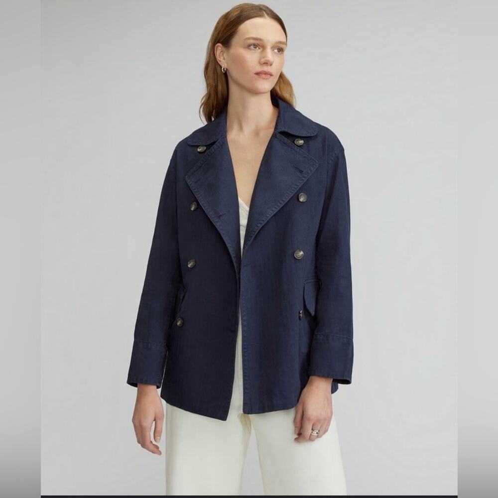 Everlane Organic Cotton Herringbone Double Breasted Jacket Women L Navy Exc